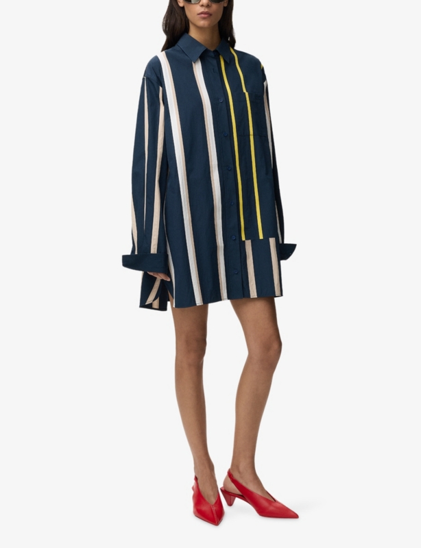Contrast-Stripe Cotton Shirt Dress