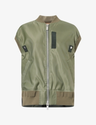 Sacai Womens Khaki Relaxed-fit Ribbed-trim Shell Gilet