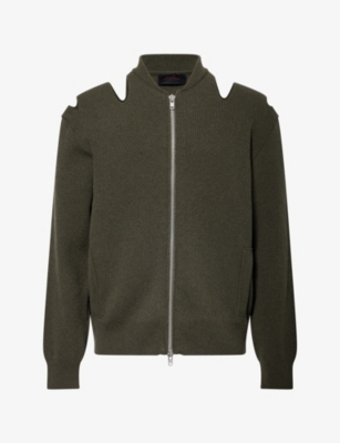 Simone Rocha Mens  Slash Cut-out Merino-wool Blend Cardigan In Khaki