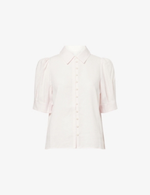 Me And Em And Em Womens Iced Pink Puff-sleeve Collared Linen-blend Blouse In White