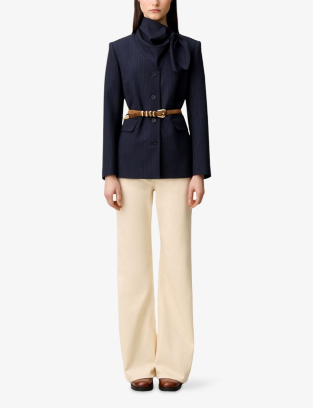 Pinstriped Scarf-Collar Wool-Blend Jacket