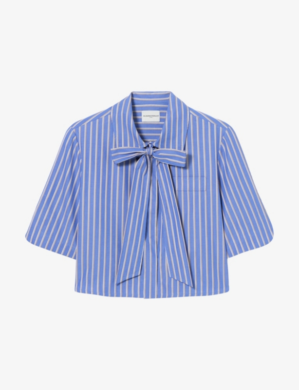Stripe-Print Tie-Neck Cotton Shirt