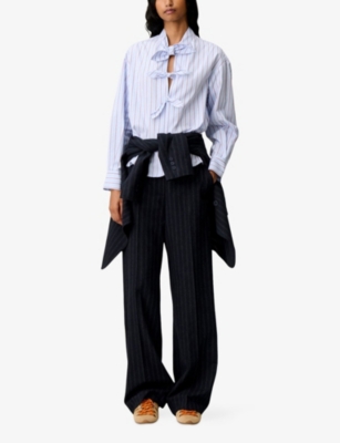 CLAUDIE PIERLOT: Striped Tie-Front Cotton-Poplin Blouse