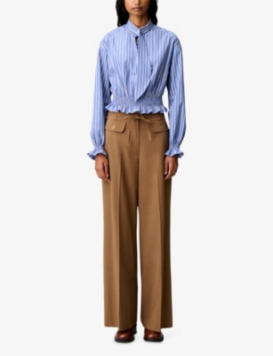 CLAUDIE PIERLOT: Striped Tie-Neck Cotton-Poplin Shirt