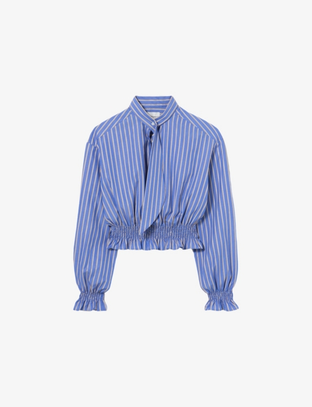 Striped Tie-Neck Cotton-Poplin Shirt