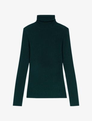 Maje Womens High-neck Slim-fit Wool And Silk Jumper Bottle Green