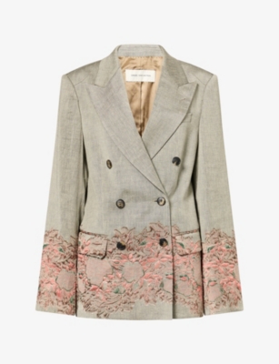 Dries Van Noten Womens  Embroidered Double-breasted Linen-blend Blazer In Grey