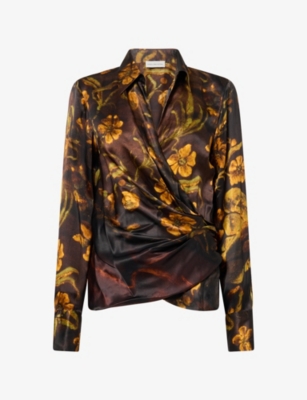 Dries Van Noten Womens Dessin C Printed Wrap-round Silk Shirt