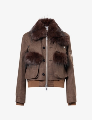 Sacai Womens Brown Faux-fur Trimmed Wool Jacket