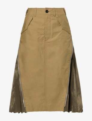 Sacai Womens Beige D Khaki Weather Zipped-trim Cotton-twill Midi Skirt