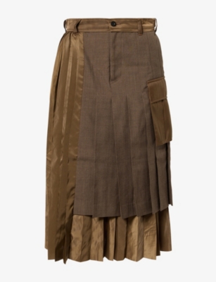 Sacai Womens Brown Double-layered Pleated Twill Midi Skirt Xl