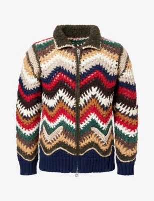 Sacai Mens Crochet-knit Zip-up Wool-blend Cardigan Multi Xs