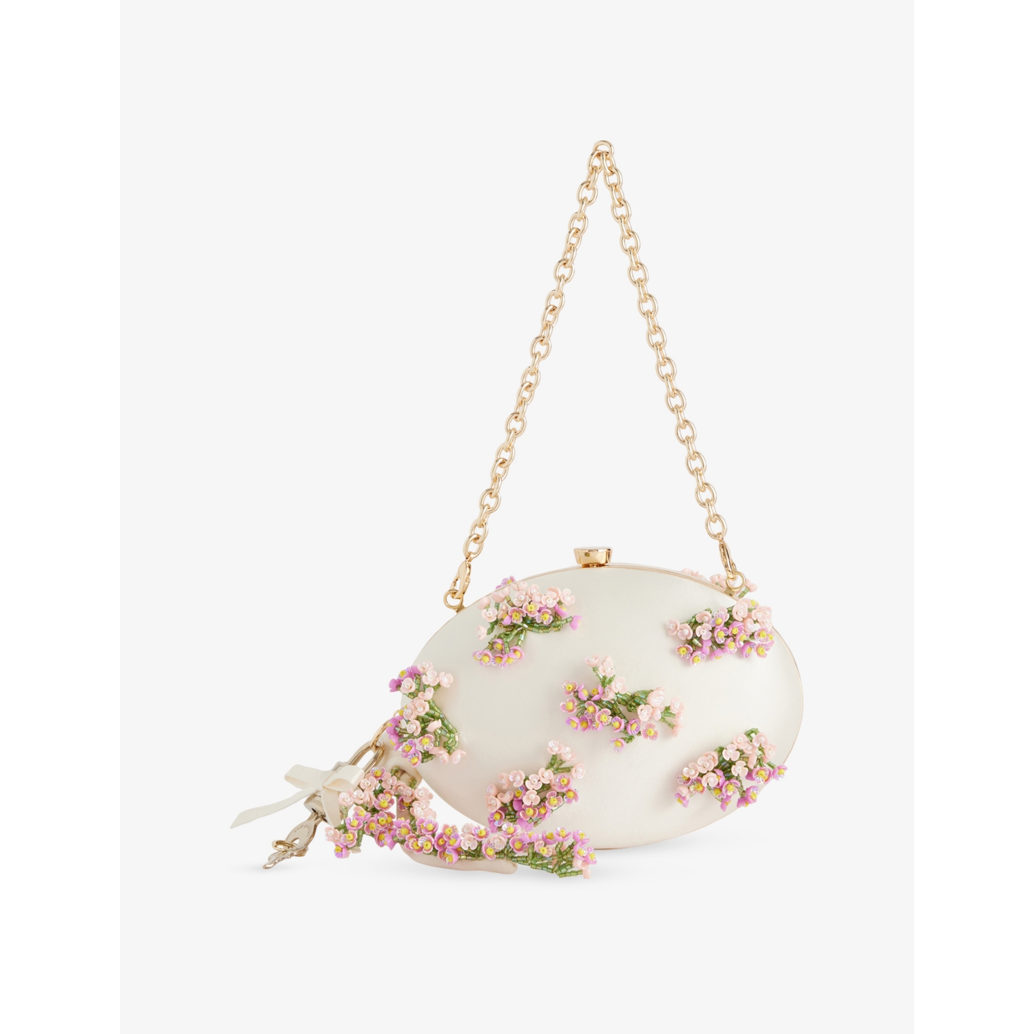 Self-Portrait Floral-Beaded Oval Satin Clutch
