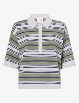 Twp Wp Womens Short-sleeve Striped Cashmere Polo Top Night Sky Heather Grey