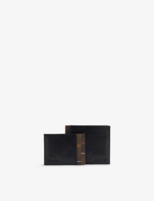 Barbour Mens Branded Leather Wallet And Card Holder Gift Set Black/classic Tartan