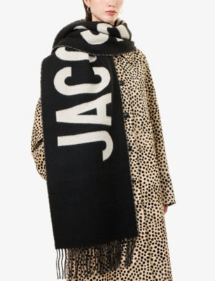 Jacquemus Black Bold White Lettering Twisted Fringe Scarf In Black