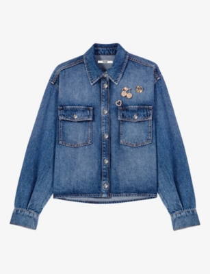 Maje Womens Blue Brooch-embellished Regular-fit Denim Jacket