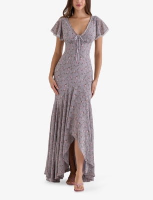 HOUSE OF CB: Amina Rose-Print Georgette Maxi Dress
