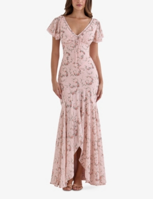 HOUSE OF CB: Amina Rose-Print Georgette Maxi Dress