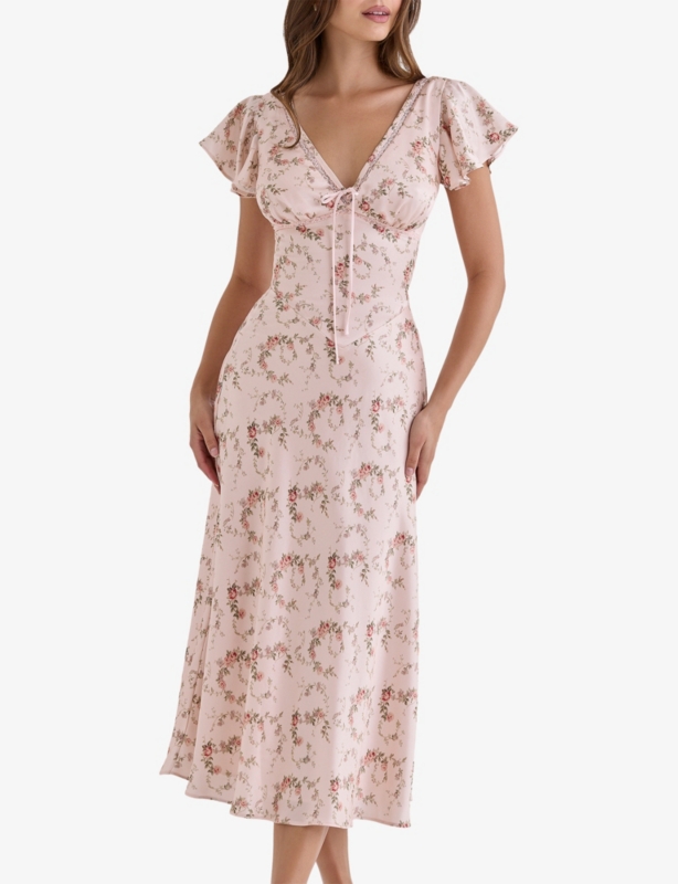 Raye V-Neck Floral-Print Satin Midi Tea Dress