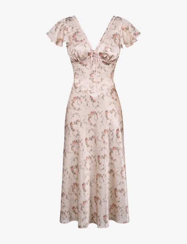 Raye V-Neck Floral-Print Satin Midi Tea Dress