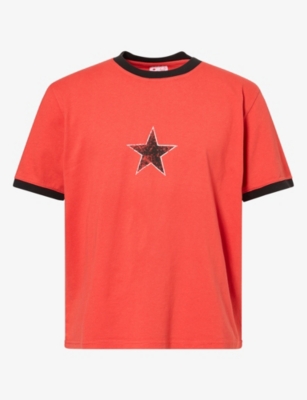 Twojeys Mens Red Single Star Two-tone Graphic Cotton-jersey T-shirt