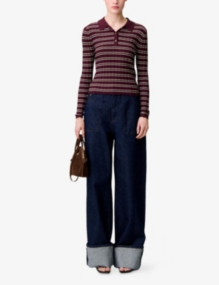CLAUDIE PIERLOT: Striped Ribbed Knitted Polo Jumper