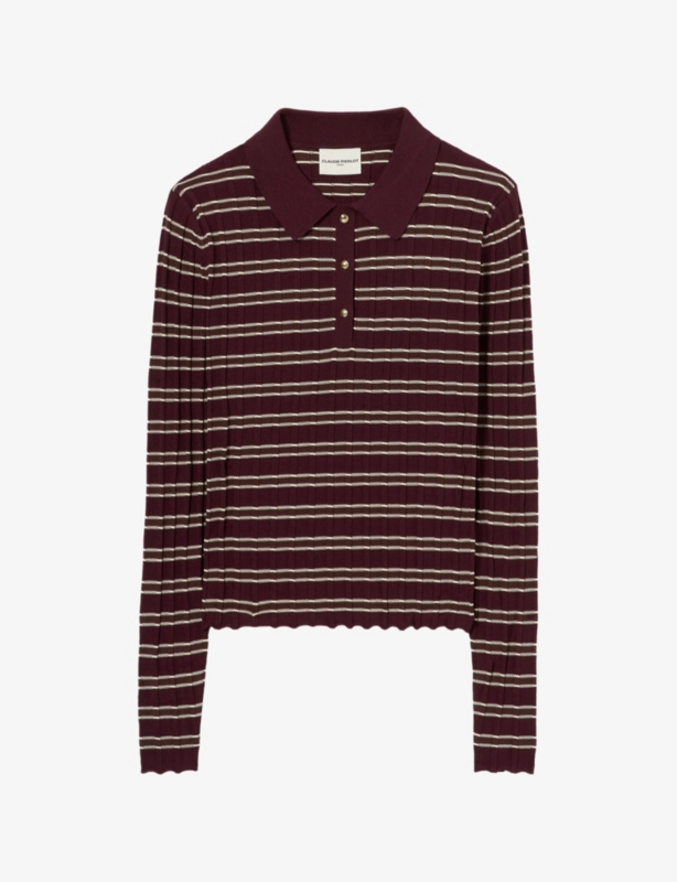 Striped Ribbed Knitted Polo Jumper