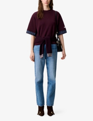 CLAUDIE PIERLOT: Short-Sleeved Checked-Trim Knitted Jumper