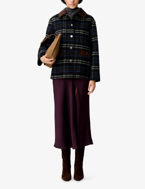 Checked Corduroy-Collar Wool-Blend Coat