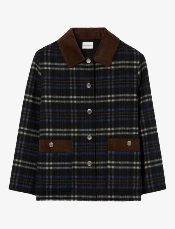 Checked Corduroy-Collar Wool-Blend Coat