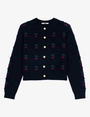 Maje Womens Cherry-embroidered Bobble-knit Wool Cardigan Navy