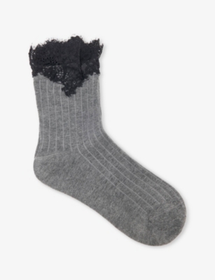 Maje Womens Anthracite Grey Lace-trim Stretch Cotton-blend Ankle Socks