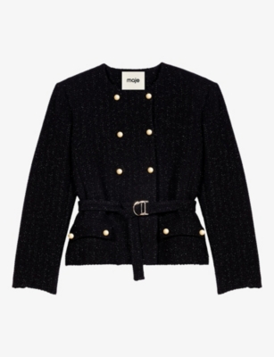 Maje Womens Belted-waist Double-breasted Woven Jacket Black
