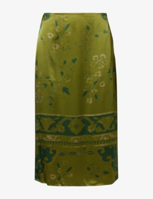 Reformation Womens Helen Printed Silk Midi Skirt Emerald Tapestry