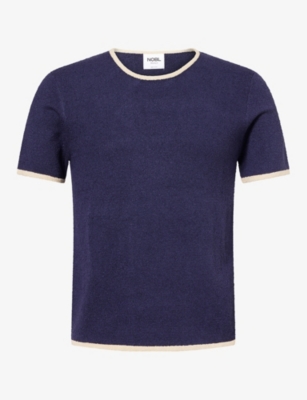 Nobl Mens Jacian Contrast-trim Knit T-shirt Navy/beige