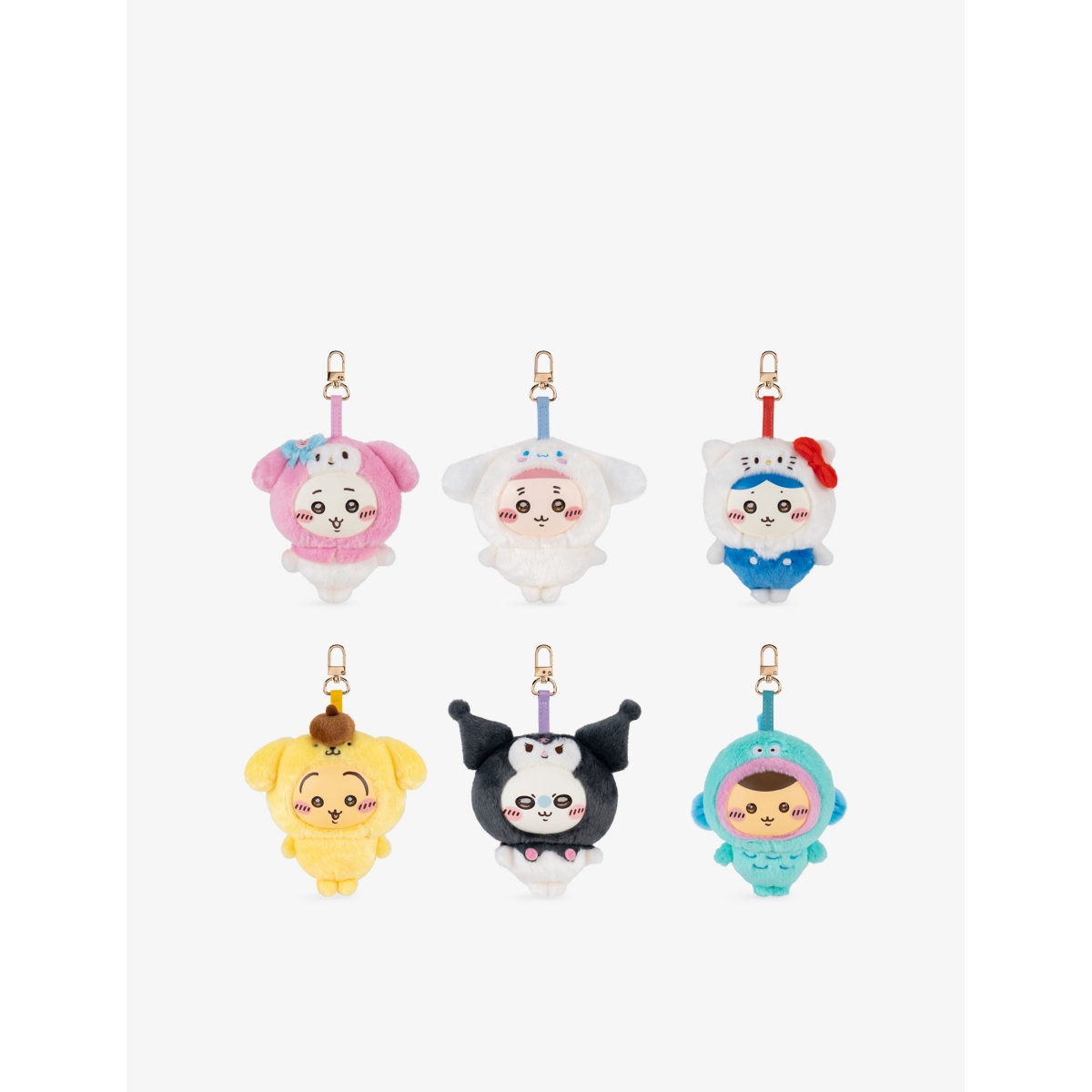 セルフリッジズ限定の「Kiramekko Vinyl Soft Toy Assortment 15cm」の商品画像。サンリオのキャラクターの着ぐるみを着たちいかわたちのぬいぐるみ6種が、2段に並んでいる