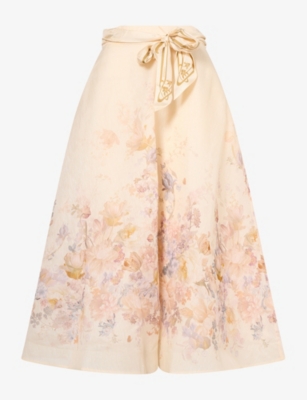 Zimmermann Womens Ascent Circle Linen-and-silk Midi Skirt Cream Floral
