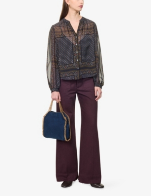 VERONICA BEARD: Scarf-Print V-Neck Silk Blouse