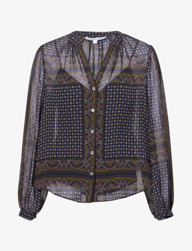 Scarf-Print V-Neck Silk Blouse