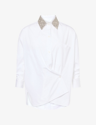 Twp Wp Womens Crystal-collar Wrap Cotton Shirt White