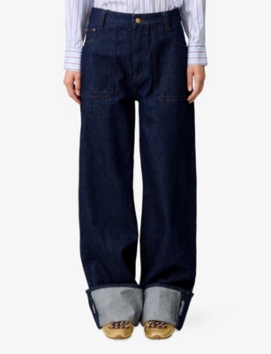 Claudie Pierlot  폴드 헴 와이드 레그 미드 라이즈 진
