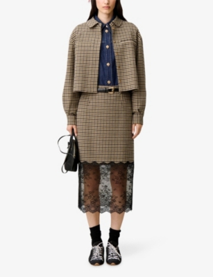 CLAUDIE PIERLOT: Lace-Hem Checked Wool-Blend Midi Skirt