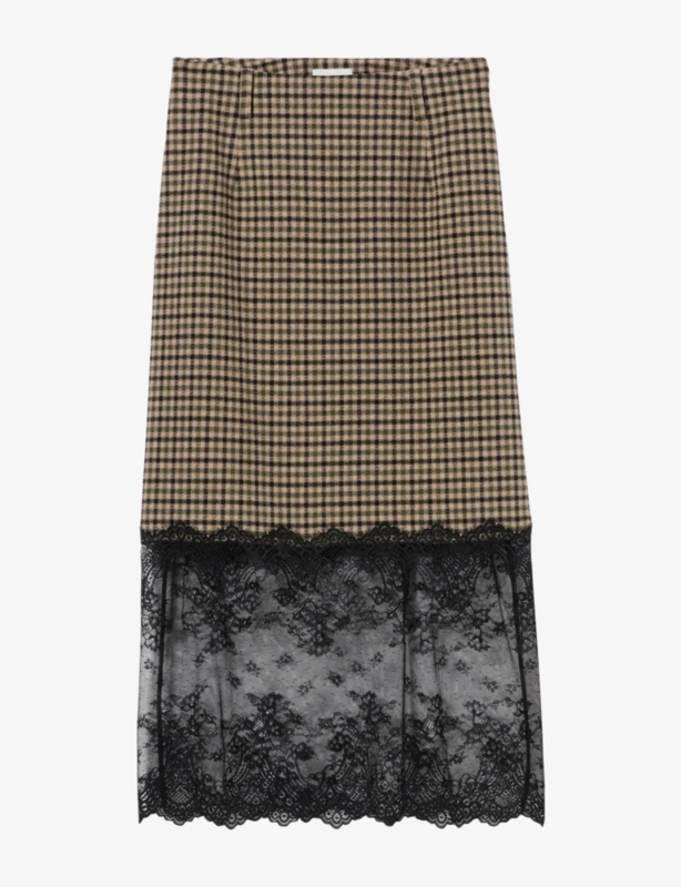 Lace-Hem Checked Wool-Blend Midi Skirt