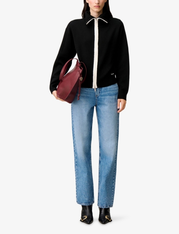 Contrast-Trim Zipped Knitted Cardigan