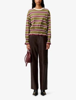 CLAUDIE PIERLOT: Striped Smocked-Trim Cotton T-Shirt