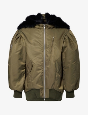 Simone Rocha Mens Black/black Split Faux-fur Hood Oversized Woven Bomber Jacket In Green