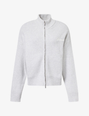 Adanola Womens Funnel-neck Zip-up Cotton-knit Jumper Grey Melange
