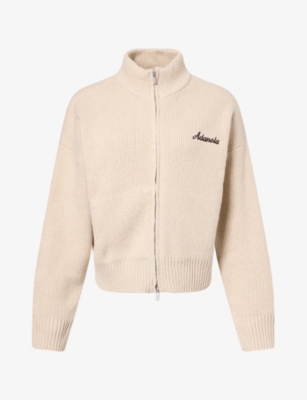 Adanola Womens Funnel-neck Zip-up Cotton-knit Jumper Oatmeal Xs