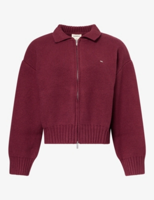 Adanola Womens Logo-embroidered Collared Cotton-knit Bomber Jacket Damson Red